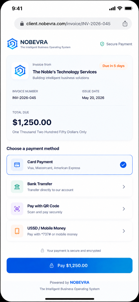 Nobevra Client Portal Software — Secure Invoice Payment Portal on Mobile