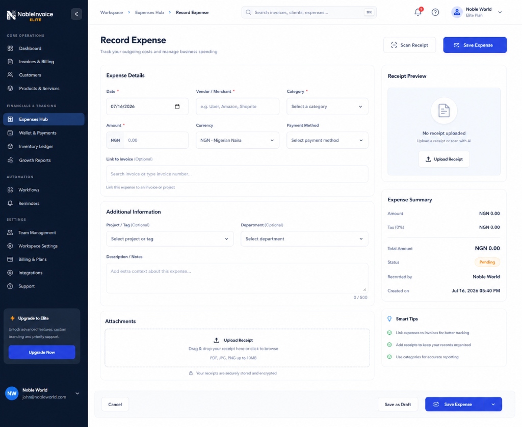 Nobevra Expense Hub — Record, Scan Receipts, and Manage Business Expenses